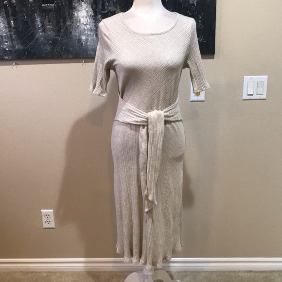 GILLI Tan/Cream Cotton Blend Sweater Dress Scalloped Hem Tie Back/Front-L - Picture 7 of 12